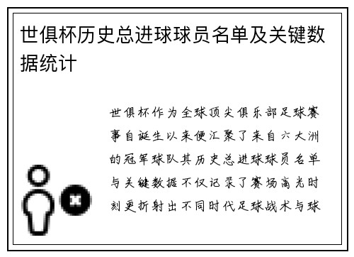 世俱杯历史总进球球员名单及关键数据统计