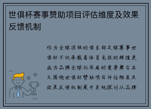 世俱杯赛事赞助项目评估维度及效果反馈机制