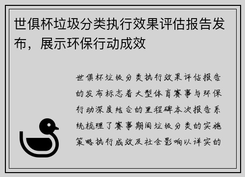 世俱杯垃圾分类执行效果评估报告发布，展示环保行动成效