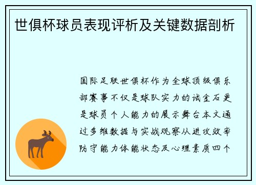 世俱杯球员表现评析及关键数据剖析